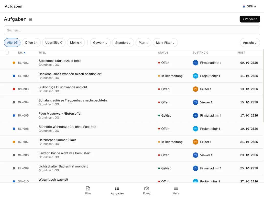 Aufgabenliste mit Suche, Filtern und allen Pendenzen des Projekts