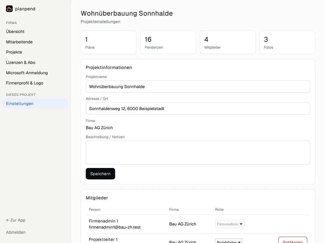 Projekteinstellungen mit Projektinformationen und der Mitgliederliste mit Rollen