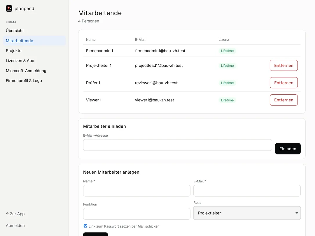 Firmenverwaltung: Mitarbeitende mit Lizenz und Formular zum Einladen