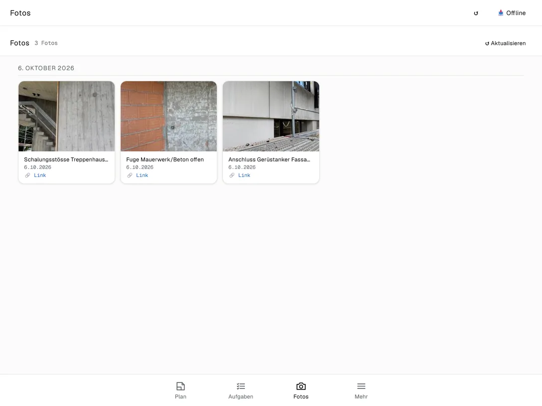Foto-Galerie des Projekts mit den Baustellenfotos nach Datum