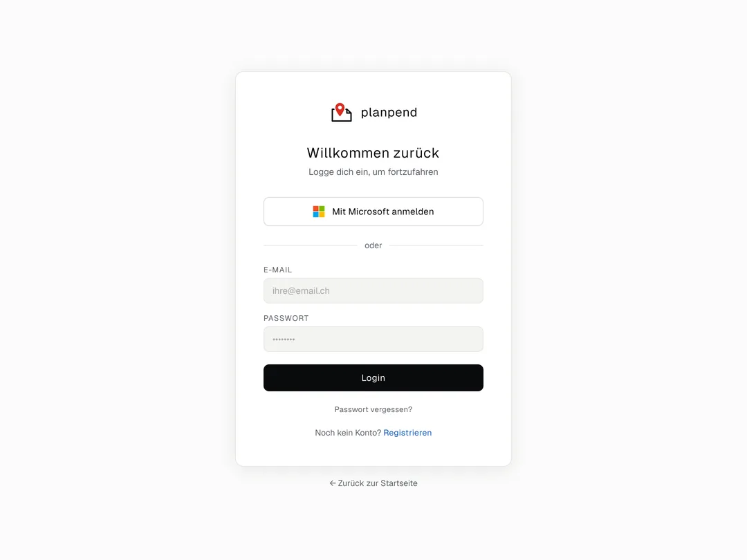 Anmeldeseite von planpend mit Microsoft-Anmeldung, E-Mail und Passwort