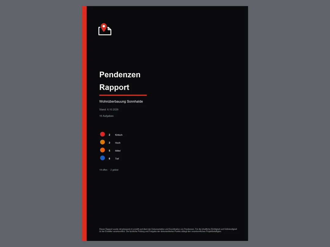 Deckblatt eines PDF-Rapports mit Projektname und Anzahl Pendenzen nach Priorität